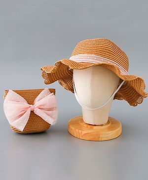 Babyhug Straw Hat with Bow Applique and Purse - Brown