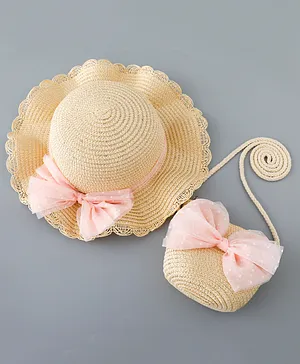 Babyhug Straw Hat with Bow Applique and Purse - Beige