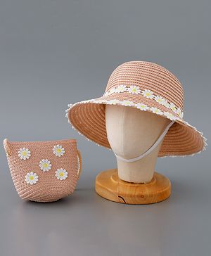 Babyhug Straw Hat Flower Design and Purse - Pink