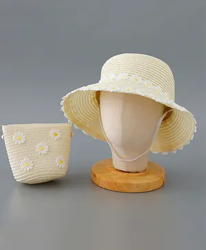 Babyhug Straw Hat Flower Design with Bow Applique and Purse - Cream