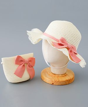 Babyhug Straw Hat with Bow Applique and Purse - Cream