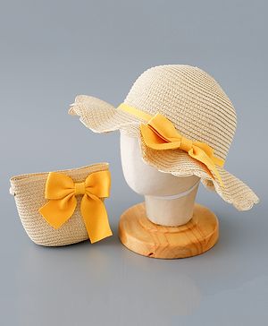 Babyhug Straw Hat with Bow Applique and Purse - Beige