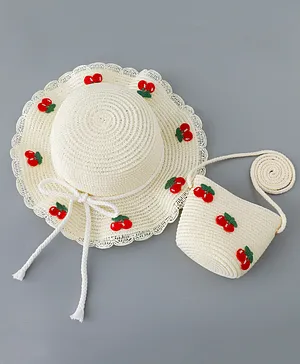 Babyhug Straw Hat with Cherry Embroidery and Purse - Cream