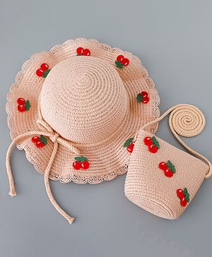 Babyhug Straw Hat with Cherry Embroidery and Purse - Pink