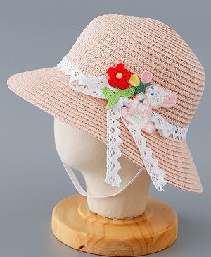 Babyhug Straw Hat with Flower and Bunny Applique - Pink