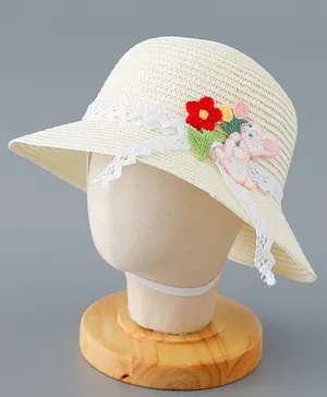 Babyhug Straw Hat with Flower and Bunny Applique - Cream