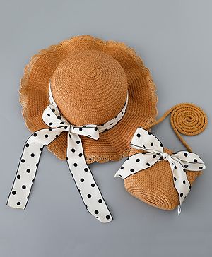 Babyhug Straw Hat with Bow Applique and Purse - Brown