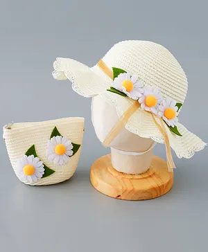 Babyhug Straw Hat with Flower Applique - Cream