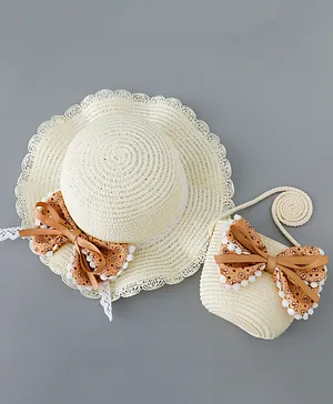 Babyhug Straw Hat with Bow Applique and Purse - Cream