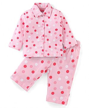 Babyhug Cotton Knit Full Sleeves Night Suit With Dots Print - Pink
