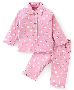 Babyhug Cotton Knit Full Sleeves Floral Print Night Suit - Pink