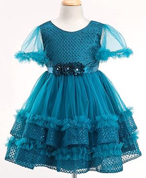 Babyhug Half Sleeves Shimmery Party Frock with Floral Applique & Sequin Detailing - Teal Blue