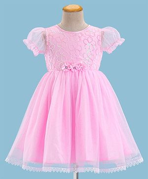 Babyhug Puffed Sleeves Sequinned & Corsage Detailing Party Frock - Pink
