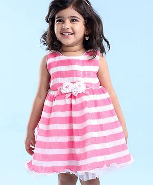 Babyhug Woven Sleeveless Pleated Satin Party Frock with Floral Applique - White Pink