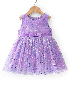 Babyhug Sleeveless All Over Foil Printed Party Frock with Bow - Lavender