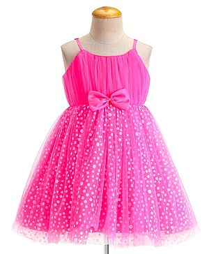 Babyhug Sleeveless Shimmery Party Frock with Bow Applique - Hot Pink