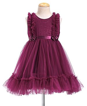 Babyhug Sleeveless Mesh Party Frock with Frill Detailing & Bow Applique -  Aubergine