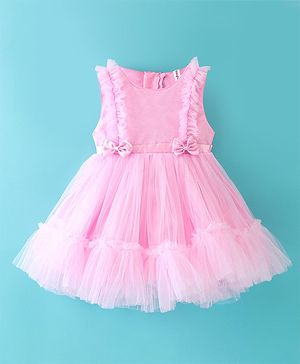Babyhug Sleeveless Mesh Party Frock with Bow Applique - Pink