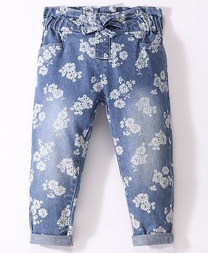 Simply Premium Denim Mid Wash Jeans Floral Printed -  Blue