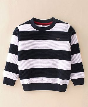 Simply Jacquard Full Sleeves Striped Sweatshirts - Navy Blue & White