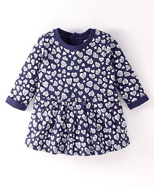 Simply Interlock Full Sleeves Frock Hearts Print - Navy