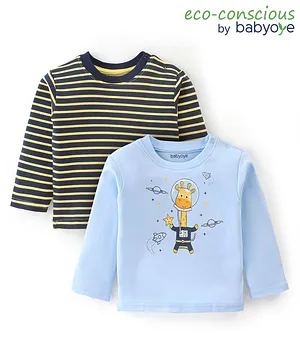 Babyoye 100% Cotton Knit Full Sleeves T-Shirt Stripes & Giraffe Print Pack Of 2 - Multicolor