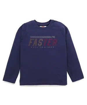 Forever Kids Full Sleeves  Faster Text Stone Embellished Tee - Navy Blue