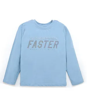 Forever Kids Full Sleeves  Faster Text Stone Embellished Tee - Blue