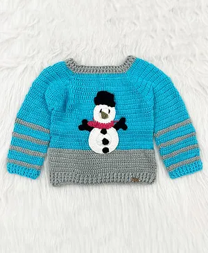 Knitting By Love Handmade Full Sleeves Striped Pattern & Snowman Detailed Sweater - Blue & Grey