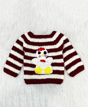 Knitting By Love Handmade Full Sleeves Striped Pattern & Chick Applique Detailed Sweater - Red & White