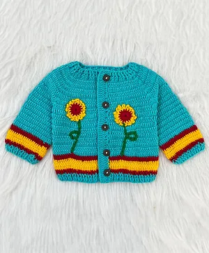 Knitting By Love Handmade Full Sleeves Striped Pattern & Flower Applique Detailed Sweater - Blue