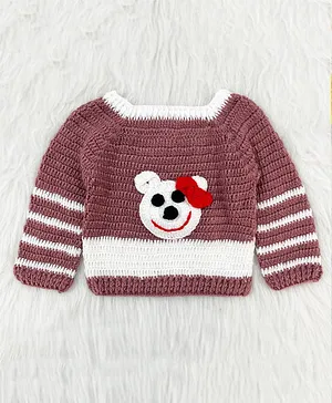 Knitting By Love Handmade Full Sleeves Striped Pattern & Teddy Face Detailed Sweater - Brown