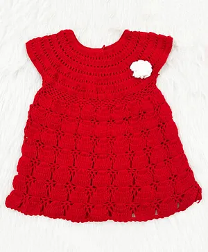 Knitting By Love Handmade Cap Sleeves Flower Detailed A Line Sweater Dress - Red