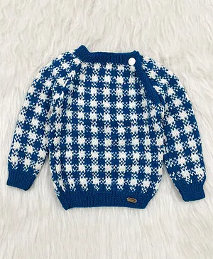 Knitting By Love Handmade Full Sleeves Check Pattern Designed  Sweater - Blue & White