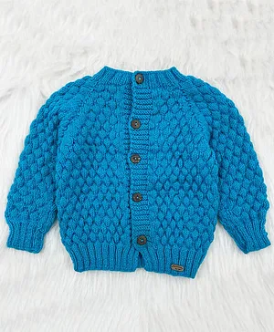 Knitting By Love Handmade Full Sleeves Checked Detailed Front Open Sweater - Blue