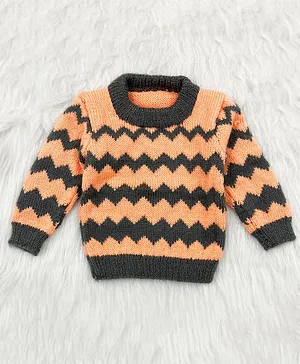 Knitting By Love Handmade Full Sleeves Chevron Designed Sweater - Orange & Grey