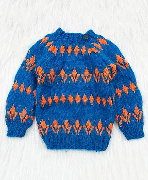 Knitting By Love Handmade Full Sleeves Abstract Designed Sweater - Blue & Orange