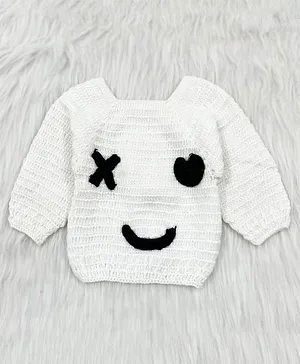 Knitting By Love Handmade Full Sleeves XO Face Detailed Sweater - White