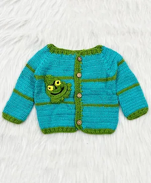 Knitting By Love Handmade Full Sleeves Animal Designed Crotchet Embroidered Front Open Sweater - Blue & Green