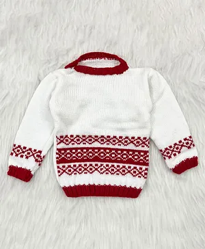 Knitting By Love Handmade Full Sleeves Geometric Bands Designed Sweater - Red & White