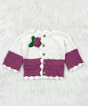 Knitting By Love Handmade Full Sleeves Flower Applique Detailed Colour Blocked Sweater - Purple & White