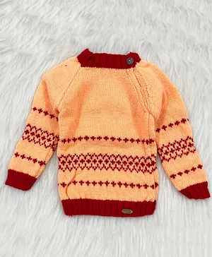 Knitting By Love Handmade Full Sleeves Striped Designed Sweater - Orange & Red