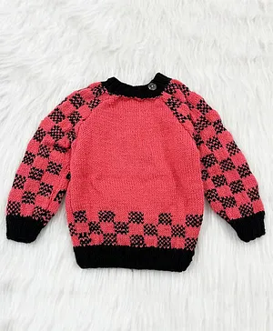 Knitting By Love Handmade Full Sleeves Checked Sweater - Pink & Black