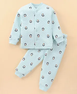 Doreme Knitted Full Sleeves Winter Wear Night Suit With Penguin Print - Blue