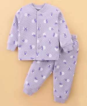 Doreme Knitted Full Sleeves Winter Wear Night Suit With Bunny Print - Purple