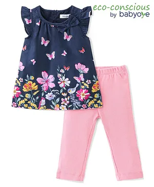 Babyoye 100% Cotton Satin Woven Half Sleeves Top & Leggings Floral Print- Navy Blue & Pink