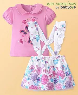 Babyoye 100% Cotton Satin Elastane Knit Half Sleeves T-Shirt & Skirt Set Floral Print - Pink & White