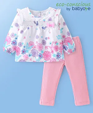 Babyoye Satin Full Sleeves Top with Cotton Elastane Leggings Set Floral Print - White & Pink