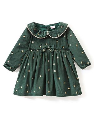 Babyhug Velour Woven Full Sleeves Winter Frock with Foil Stars Print - Green