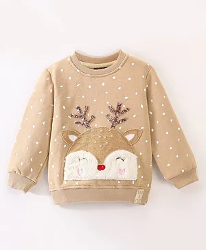 Little Kangaroos Full Sleeves Winter Wear Top Glitter Polka Print & Reindeer Applique - Light Brown